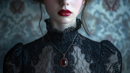 Elegant woman wearing black lace dress, red lips, and a pendant necklace. Her face is partially shown, with a subtle expression. Background features intricate patternsの素材