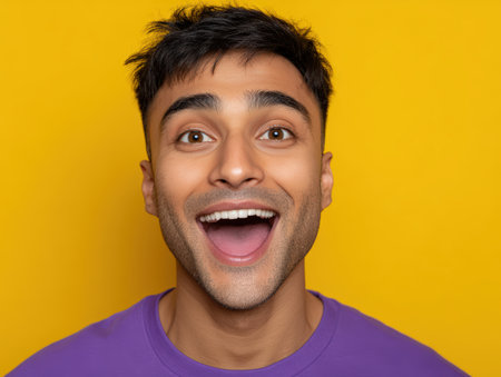 Joyful person with open mouth, wearing purple shirt, black hair, looking straight, expressing surprise or excitement. Yellow plain backdrop, bright lighting emphasizing facial featuresの素材