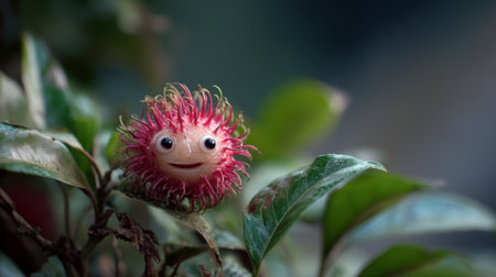 Cute, smiling red-haired creature with googly eyes sits among green leaves on a branch, contrasting with the blurred natural background, giving a playful and whimsical feelの素材