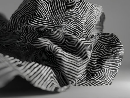 Intricate black and white patterned fabric with geometric, maze-like design folds and undulates, creating abstract textures and shadows, capturing complex shapes and contrasts in detailの素材