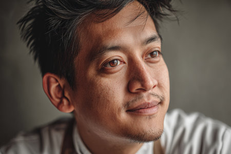 Young man with short dark hair gazes thoughtfully to the side, wearing a white shirt. The lighting creates gentle shadows on his face, highlighting his features. Expression appears calmの素材
