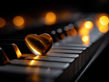 Golden glass rests hearts on piano keys, surrounded by bokeh lights creating a warm, intimate atmosphere. The focus is on the heart and keys, with blurred amber lights in the backgroundの素材