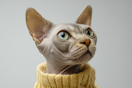 Sphynx cat gazes upward wearing a cozy yellow knitted sweater. Its large, pointed ears and striking green eyes stand out against its smooth, hairless skin, giving it an elegant appearanceの素材