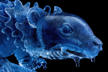 Translucent blue sculpture depicting a fantastical reptilian creature with intricate details, including scales, spikes, and dripping icicles, showcasing artistry and craftsmanshipの素材