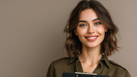 Smiling woman with wavy brown hair holding a clipboard. She wears a green shirt and has bright blue eyes, with natural makeup enhancing her friendly, approachable expressionの素材