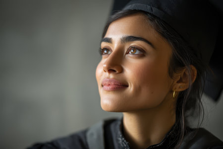 Thoughtful graduate wearing a cap and gown with a soft smile, gazing upwards, dim-lit setting. Her expression conveys hope and determination. She has long dark hair and wears hoop earringsの素材