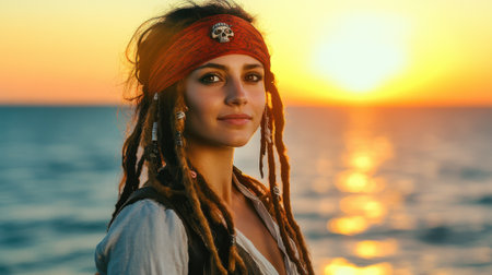 Woman with dreadlocks and red headband adorned with a skull stands against a tranquil sea at sunset. Her white blouse contrasts with the warm glow of the setting sunの素材