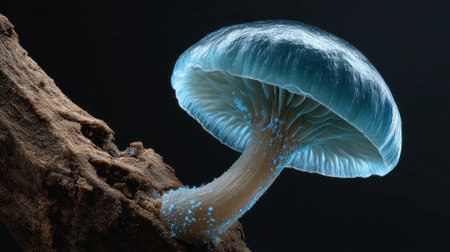 A luminous blue mushroom with a translucent cap and glowing spores grows on a piece of aged wood. The contrast highlights the unique and captivating appearance of the fungiの素材