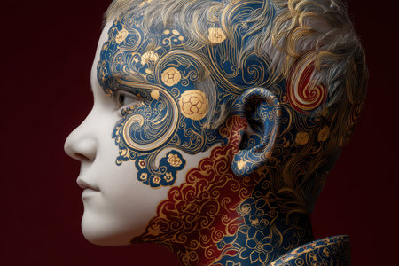 Intricate blue and red floral patterns adorn the side profile of a mannequin with white skin, showcasing a blend of modern art and traditional design with detailed swirls and flowersの素材