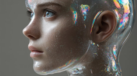 Close-up of an iridescent futuristic human face with holographic reflections and digital textures, displaying a serene expression and realistic details, reminiscent of artificial intelligenceの素材