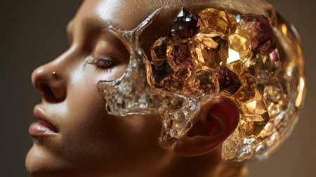 A person with their eyes closed, head partly transparent and filled with crystal-like elements in brown, gold, and yellow hues. Light highlights the texture and details of the elementsの素材