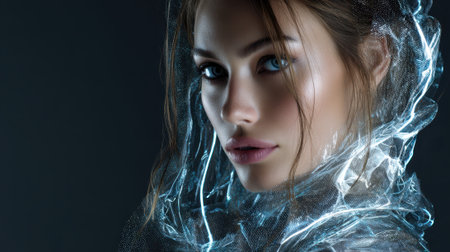 A woman with striking blue eyes is wrapped in a shiny, translucent fabric that reflects light. Her expression is intense, and her hair is softly tousled around her faceの素材