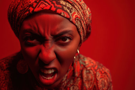 Fierce expression on a person wearing patterned headwrap and outfit in dramatic red lighting, eyebrows furrowed, lips parted, intense gaze, and circular earrings visibleの素材