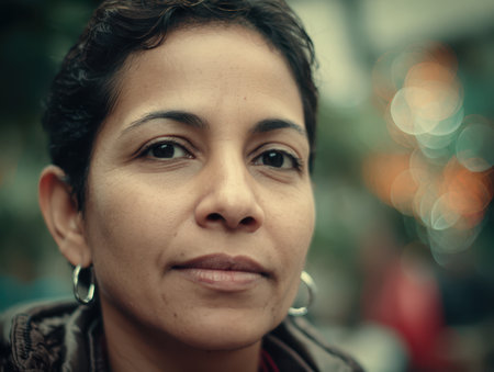 Focused portrait of a woman with brown hair and silver hoop earrings, set against a softly blurred multi-colored bokeh background, creating a contemplative and serene atmosphereの素材
