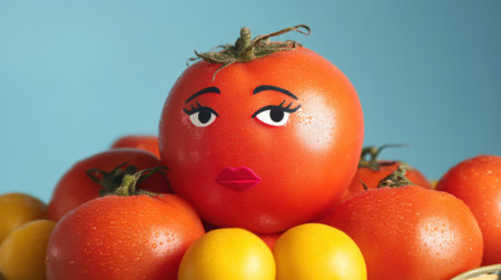 A large tomato with painted facial features, surrounded by smaller tomatoes of red and yellow colors. The tomato has a whimsical look with drawn eyes and lips. No text visibleの素材