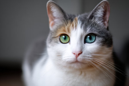 A close-up of a cat with heterochromia, displaying one green and one blue eye. The fur is a mix of gray, white, and orange, with pointed ears and a focused expressionの素材