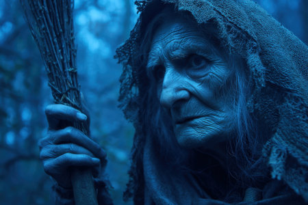 Old woman with weathered face in hooded cloak holds a bundle of twigs, creating an eerie atmosphere. Blue-toned, dim lighting enhances the mysterious, mystical, and forest-like ambianceの素材