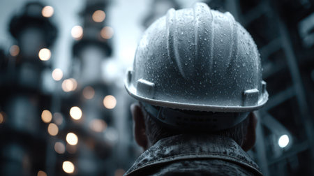 Worker in wet safety helmet gazes at blurred industrial plant. Distant structures emit warm lights, contrasting with the cold, damp atmosphere. Focus on helmet, reflections of dropletsの素材