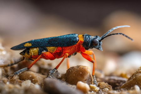 Colorful insect with a blue and red body, black head, and long antennae stands on gravel. Its intricate textures and vibrant hues are in sharp focus, creating a striking contrastの素材