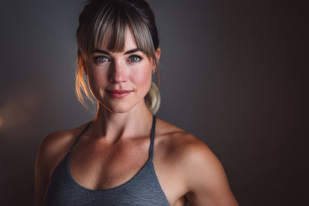 Woman with light hair and bangs wears a gray tank top, looking directly at the camera with a subtle smile. Warm lighting highlights her face against a soft, out-of-focus backgroundの素材