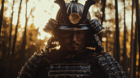 Samurai warrior in traditional armor stands amidst a forest at sunset, with intense expression and a helmet adorned with a crest, surrounded by tall, blurred treesの素材