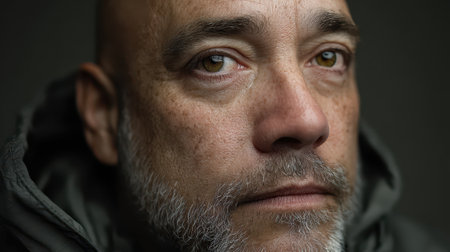 Bald man with a salt-and-pepper beard gazes thoughtfully. He wears a green jacket, with subtle freckles visible on his skin. Moody lighting accentuates his contemplative expressionの素材
