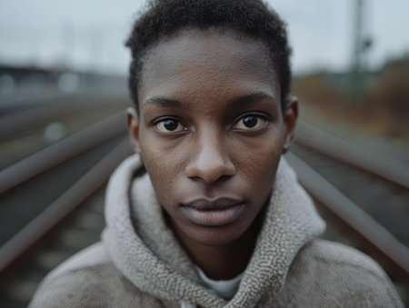 Portrait of a person in a neutral expression wearing a textured hoodie, standing on railway tracks on a cloudy day, with blurred background creating a depth-of-field effectの素材