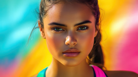 Young woman with intense gaze, long dark hair in ponytail, set against vibrant multicolor backdrop. She's wearing a bright pink and blue sports outfit enhancing the vivid compositionの素材