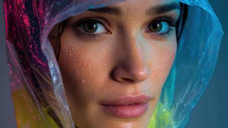 Close-up of a person with light eyes, wearing a translucent raincoat. Droplets of water are visible on their face, adding a refreshing look. Soft colored lighting highlights featuresの素材