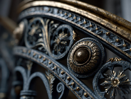 Ornate metalwork with intricate floral patterns and spirals, featuring gold and silver tones. The design highlights craftsmanship and elegance in decorative metal detailingの素材