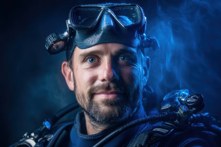 A scuba diver with a beard wearing a wetsuit, mask, and gear smiles confidently. The scene is illuminated with a soft blue light, adding a mysterious underwater vibeの素材