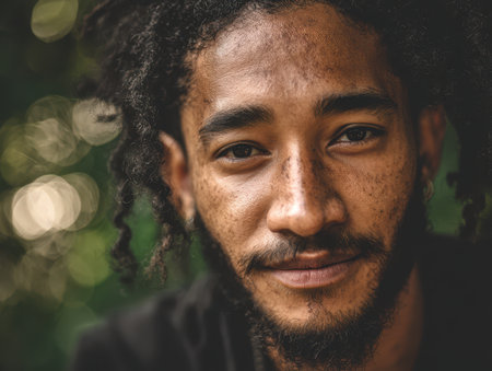 Curly-haired person with a beard smiles warmly at the camera, creating a friendly and inviting atmosphere. The focus is sharp on the face, with soft bokeh in the backgroundの素材