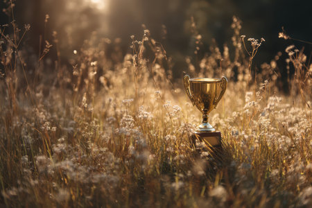 Golden trophy in a sunlit field with tall grass and wildflowers, casting soft shadows. Warm sunlight creates a serene and dreamy atmosphere, emphasizing themes of achievementの素材