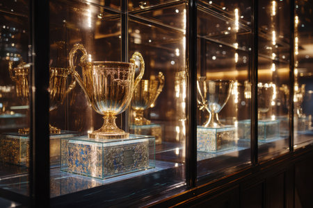 Golden cups are displayed in a glass cabinet, reflecting light. The trophies are ornate with two handles and placed on decorative bases, creating an elegant and sophisticated appearanceの素材