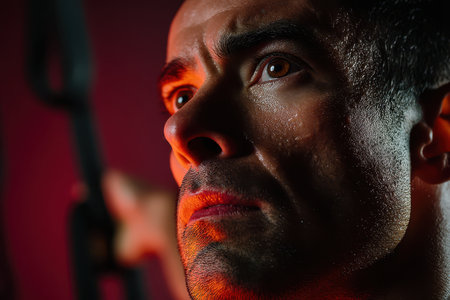 Intense close-up of a man focused and determined, gripping gym equipment with visible sweat on his face and a red-orange light casting dramatic shadows for an energetic, motivational portraitの素材