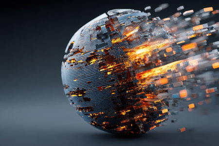 A digital sphere is disintegrating into orange and silver fragments, resembling a pixelated explosion. The sphere appears futuristic, dynamic, and technological, with glowing pixelsの素材