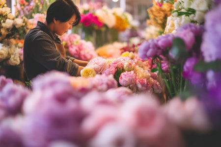 A person is carefully arranging vibrant, colorful flowers in a bustling market setting, surrounded by an abundance of various blossoms, creating a lively and fresh atmosphereの素材