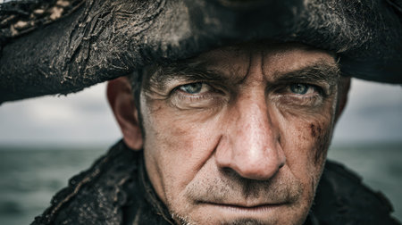 Rugged man with weathered skin and intense gaze wears distressed tricorn hat, emphasizing pirate appearance. Background is maritime setting, suggesting adventurous seafaring lifeの素材