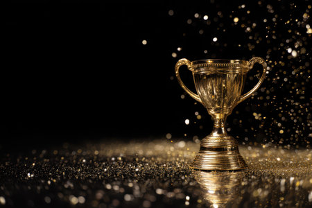 Golden trophy cup with two handles on a sparkling surface, surrounded by shimmering gold particles floating in the air, creating an elegant and celebratory atmosphereの素材