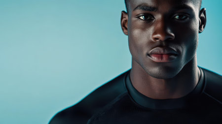 Close-up of a serious-looking person gazing forward, wearing a dark shirt, with smooth skin and short hair, light blue background adding contrast, showing detailed facial featuresの素材