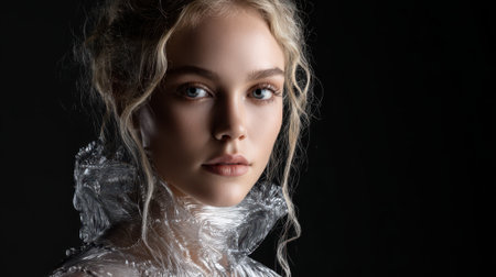 Young woman with wavy blonde hair gazes at the camera, wrapped in transparent textured material around her neck and shoulders, with soft lighting accentuating her facial featuresの素材