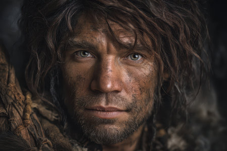 Rugged, intense man with disheveled hair, piercing eyes, and dirt-streaked face, wearing fur-like garment, evokes primal, ancient atmosphere with a mysterious, captivating gazeの素材