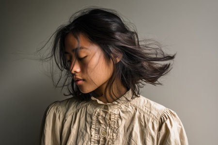 Young woman with long dark hair wearing a beige blouse with ruffled details, eyes closed, head slightly tilted, hair gently blowing, conveying a sense of calm and introspectionの素材