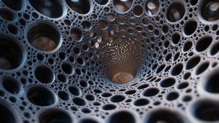 Complex geometric structure with numerous circular cutouts, spiraling towards the center. The intricate pattern creates a sense of depth and motion, with varying shades of grayの素材