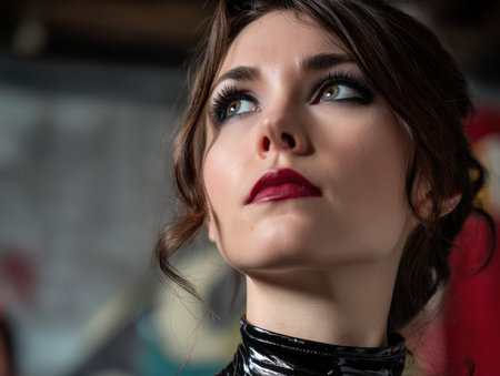 Woman with dark curly hair gazes upwards, showing dramatic makeup with dark eyeliner and bold red lipstick. Her outfit is shiny black, and the background is blurredの素材