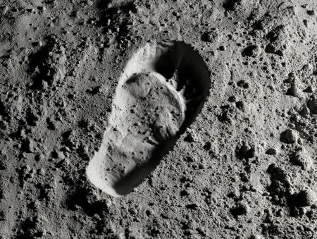 Single shoe print impression in fine granular surface, resembling extraterrestrial ground, surrounded by small rocks and uneven texture, captured with high contrast grayscaleの素材
