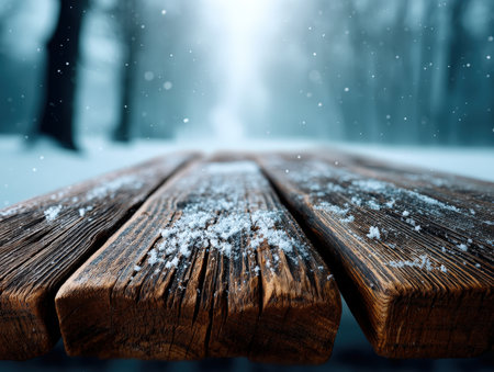 Weathered wooden surface dusted with snowflakes, in sharp focus against a blurred, snowy background with falling snow, creating a frosty and serene winter atmosphereの素材