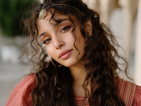 Curly-haired woman with ornate jewelry adorns her forehead, wearing a detailed red garment, looking directly at the camera. Her expression is serene and thoughtfulの素材
