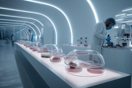 Laboratory interior with futuristic design shows scientists working on samples under transparent domes with glowing blue lights and modern equipment, creating a clean, sterile environmentの素材