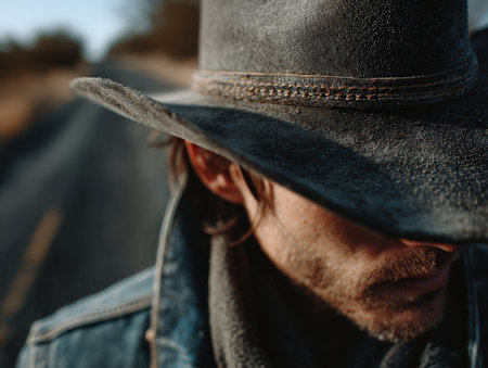 Dust-covered hat partially obscures a person with facial hair wearing a denim jacket on a blurry road. The image focuses on texture and close-up details of the atmosphereの素材